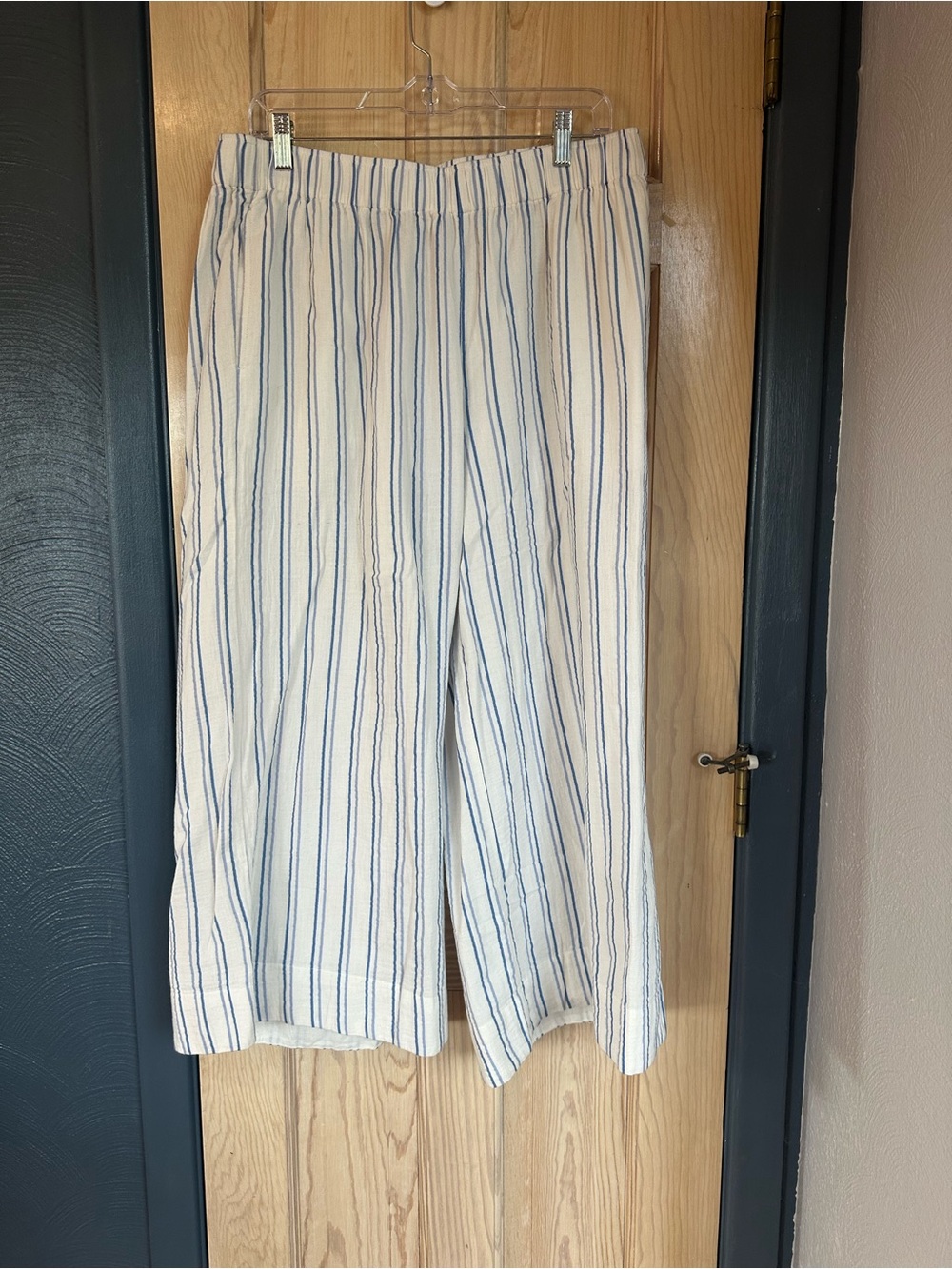 Pact White Pants with Blue Vertical Stripes. Ankle Length. 100% Cotton